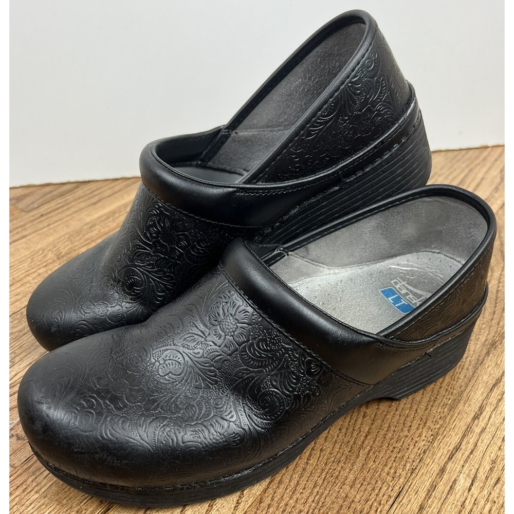 Dansko LT Black Floral Tooled Women's Clogs Size 41 Leather Shoes